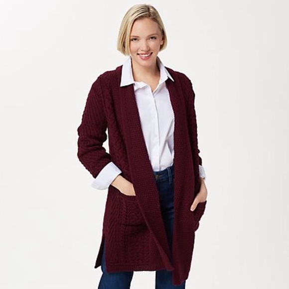 aran craft merino wool open front cardigan with pockets